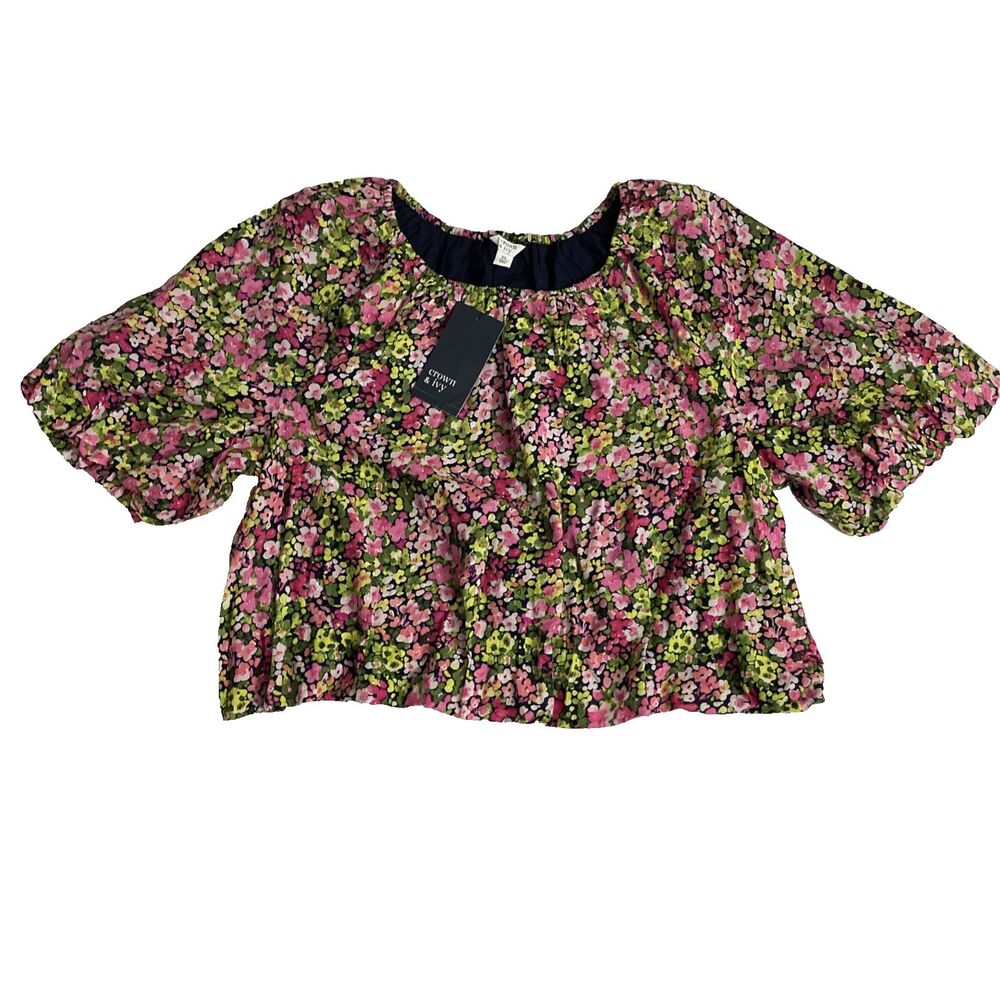 Crown & Ivy Women’s Floral Cotton Blouse XL Balloon Sleeve Multicolor Cropped